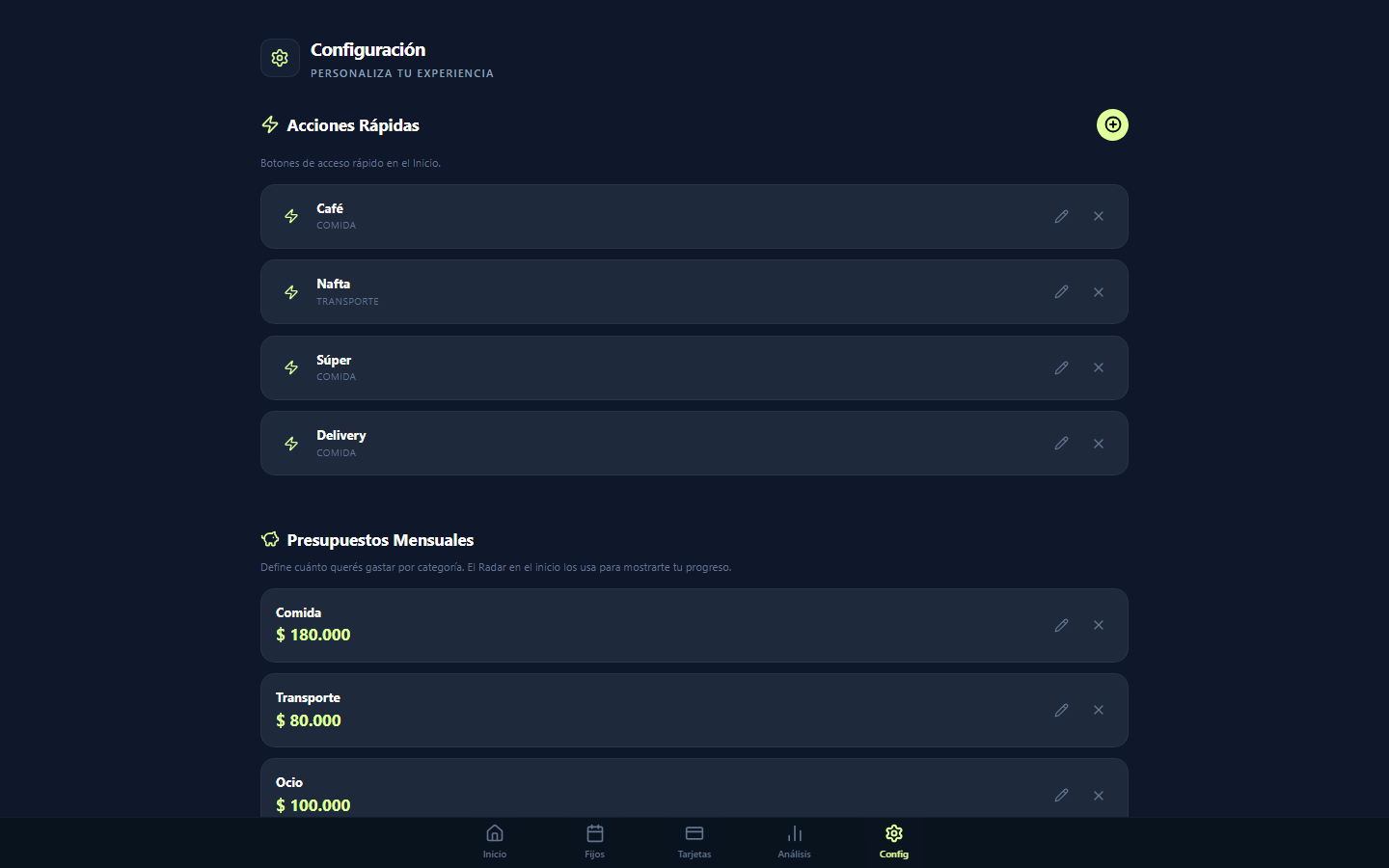 MegaFinanzas — sección Configuración